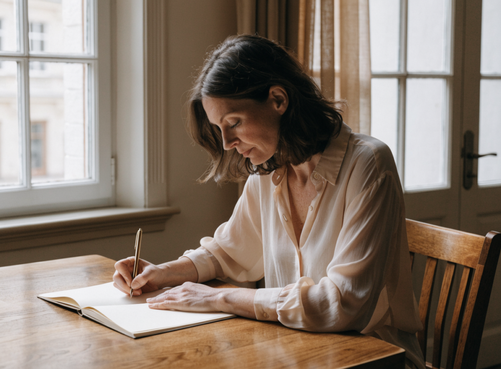 Woman journaling by a window, mapping a relationship pattern