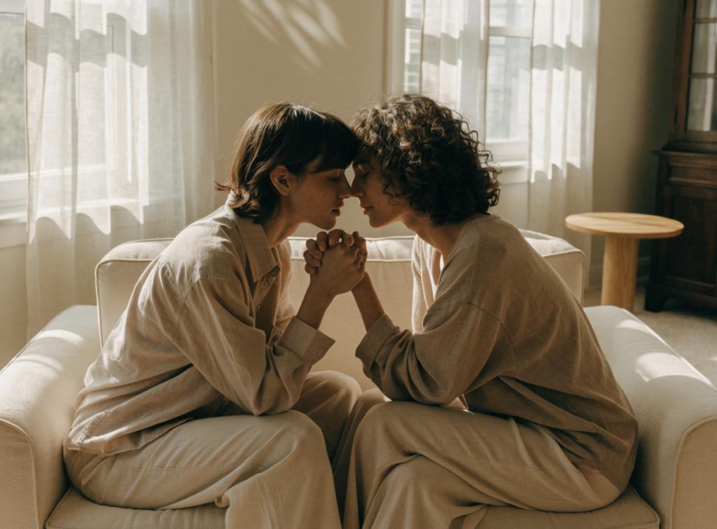 Couple sitting close together in a quiet moment of connection
