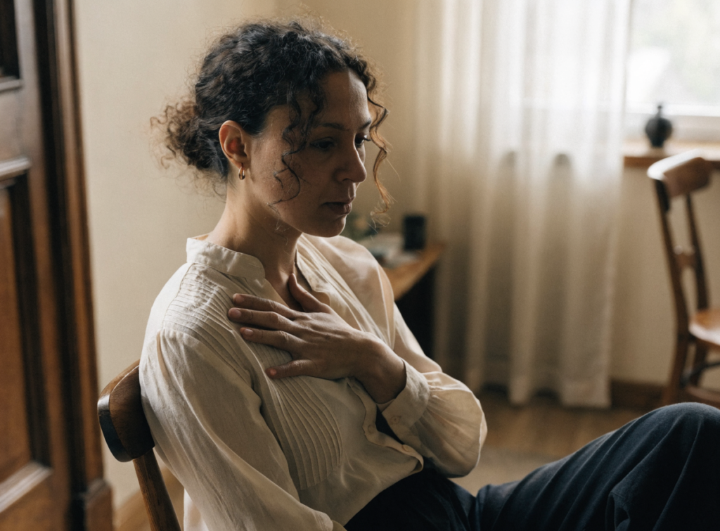 Woman pausing with a hand over her heart