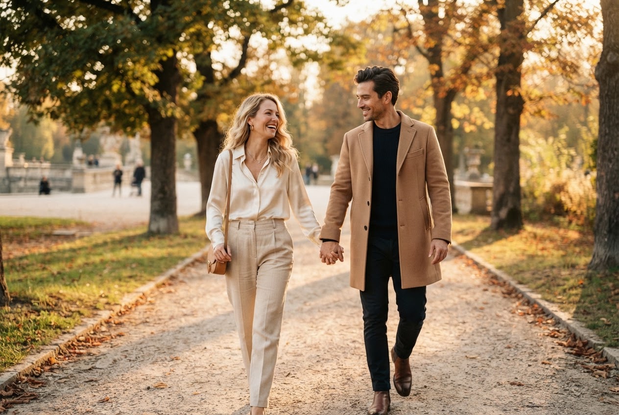 A couple smiling together on an autumn walk